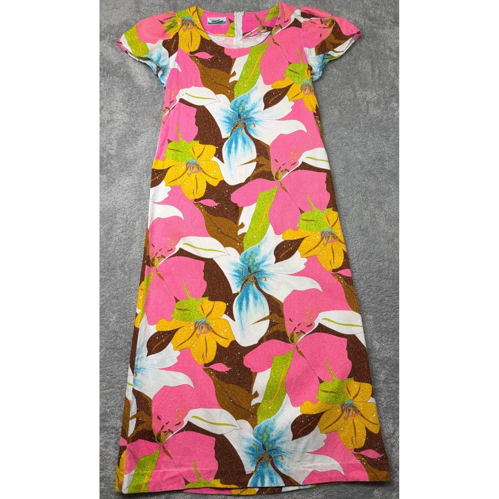 Vintage Penneys Hawaii Dress M Pink Floral Maxi Barkcloth Hawaiian 1970s USA